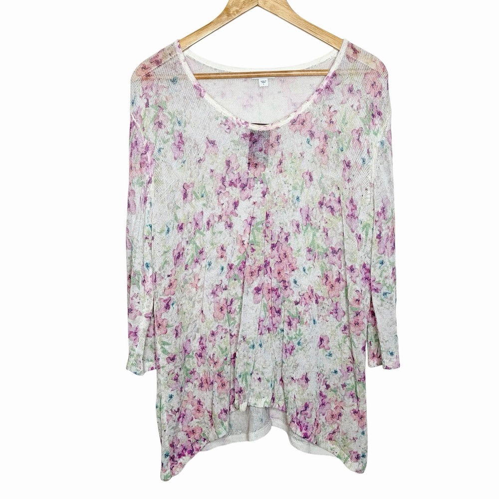 J Jill Floral Sheer Open Knit Linen Blend Sweater Womens Size L Coastal Pastel